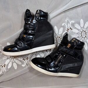 Y2K Goth Subversive Black Patent Mesh Hidden Wedge High Top Sneakers Size 8